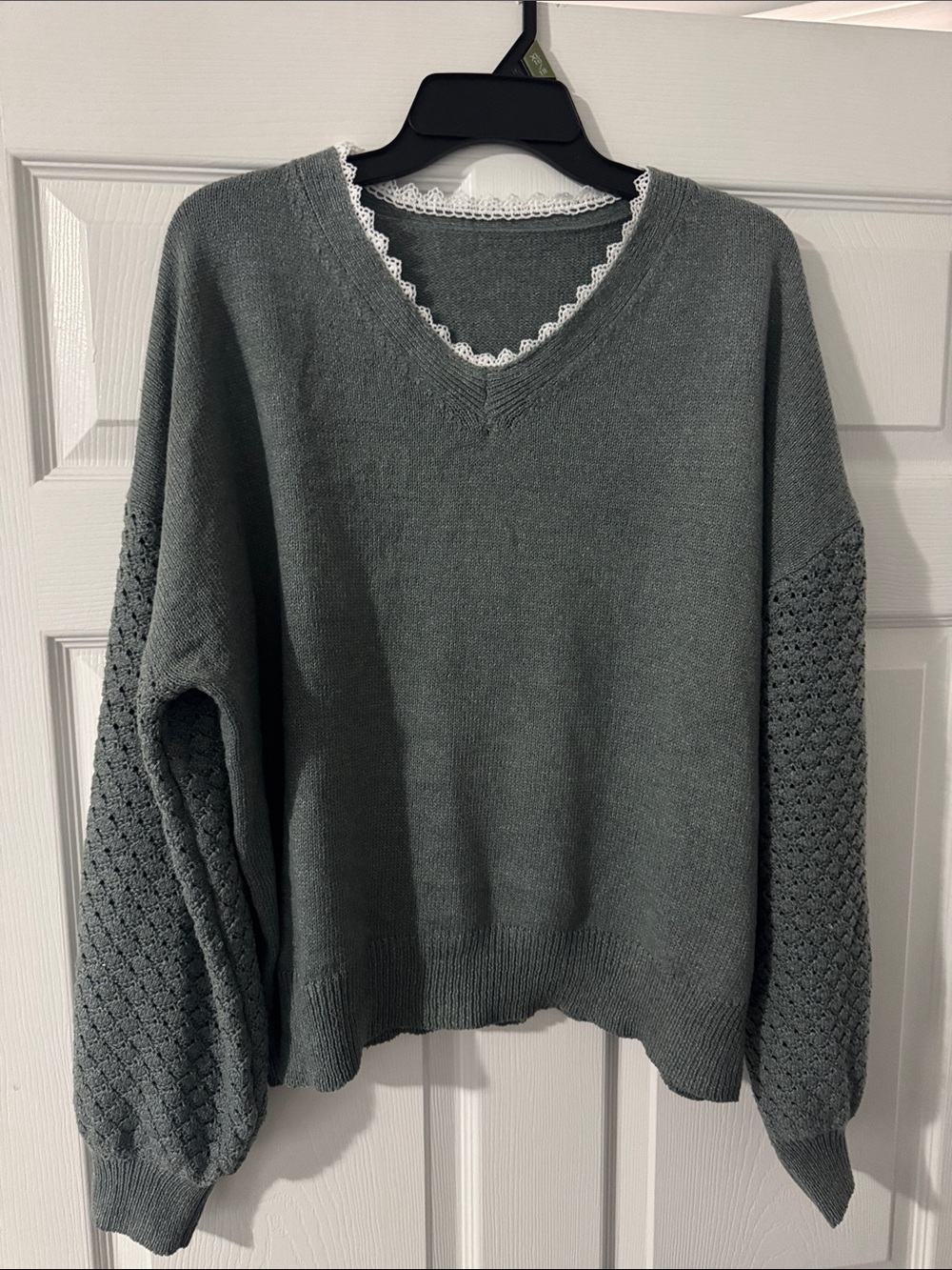 Women's V-Neck Lace-Trim Sweater in Sage